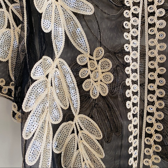 Vintage Simply Couture Floral Mesh Sequined Blouse Top Jacket Black & Ivory L - Picture 2 of 9